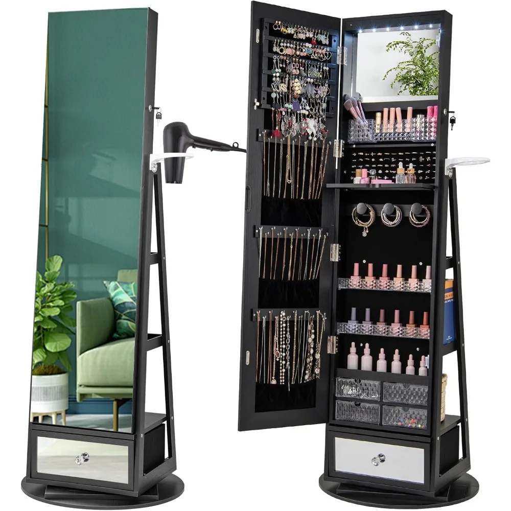 Full Length Mirror Jewelry Armoire - 360° Swivel Jewelry Cabinet Armoire 64.5