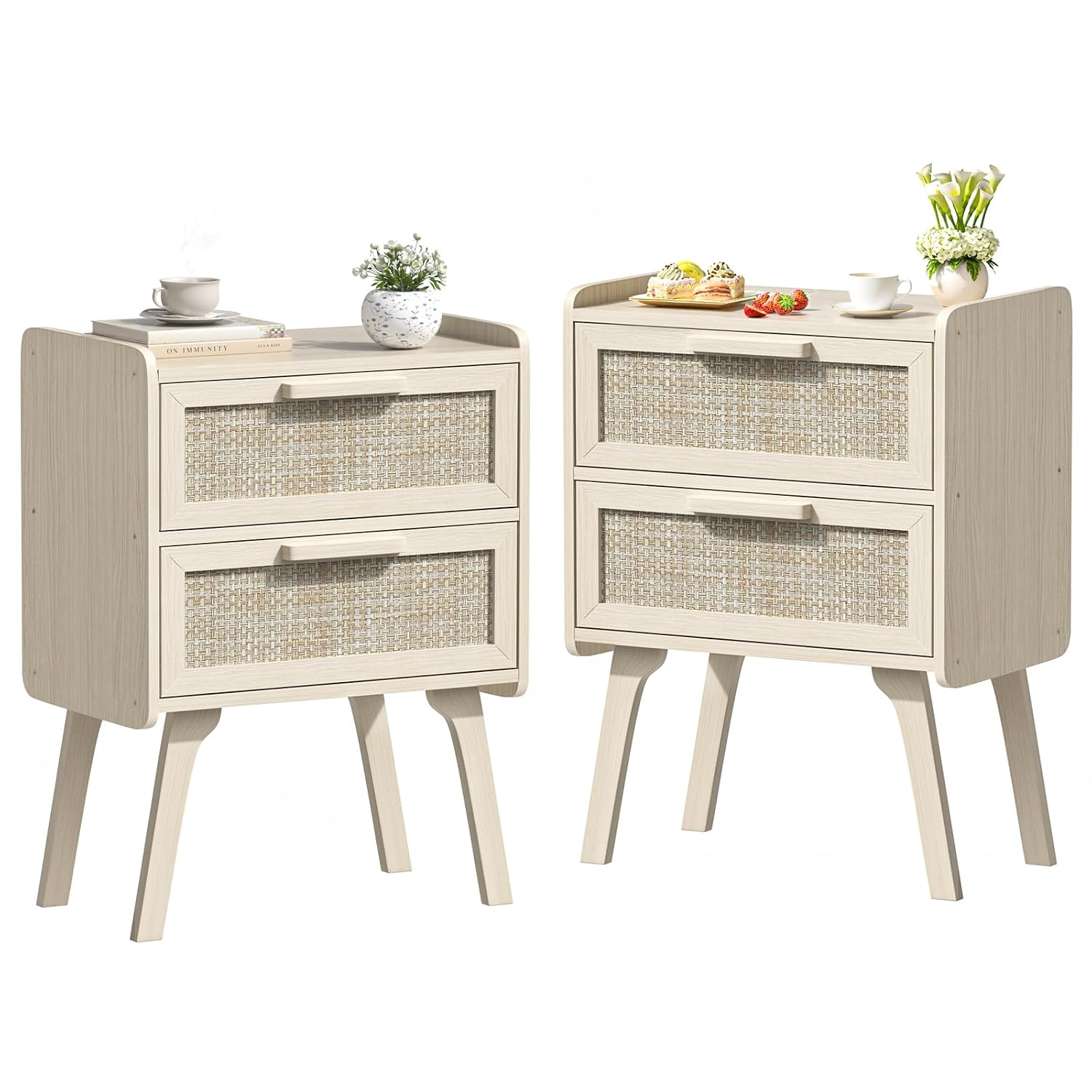 Solid Wood Nightstand 2 Drawers - Rattan Nightstand Set of 2, 2