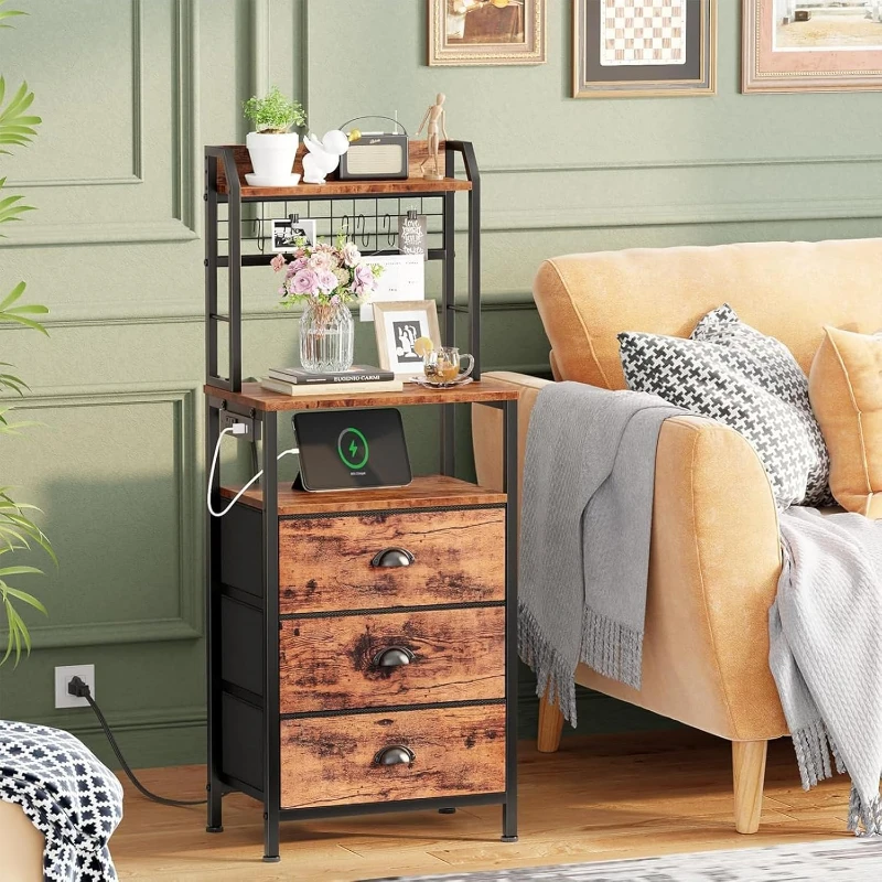 Solid Wood Nightstand 2 Drawers - 40'' Tall Nightstand With Charging Station