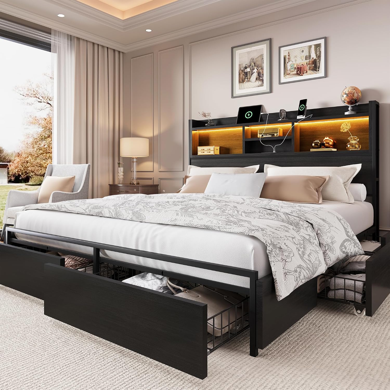 King Size Bed Frame With Storage Drawers - King Size Bed Frame with 6
