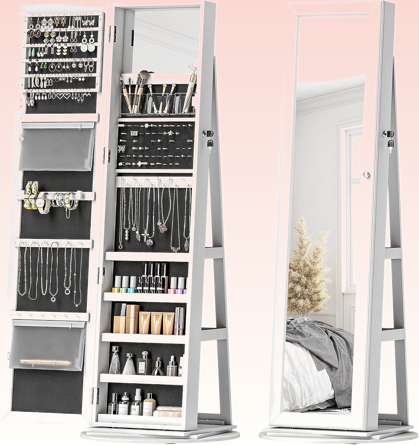 Full Length Mirror Jewelry Armoire - HOMCOM 360° Swivel Lockable Jewelry Armoire