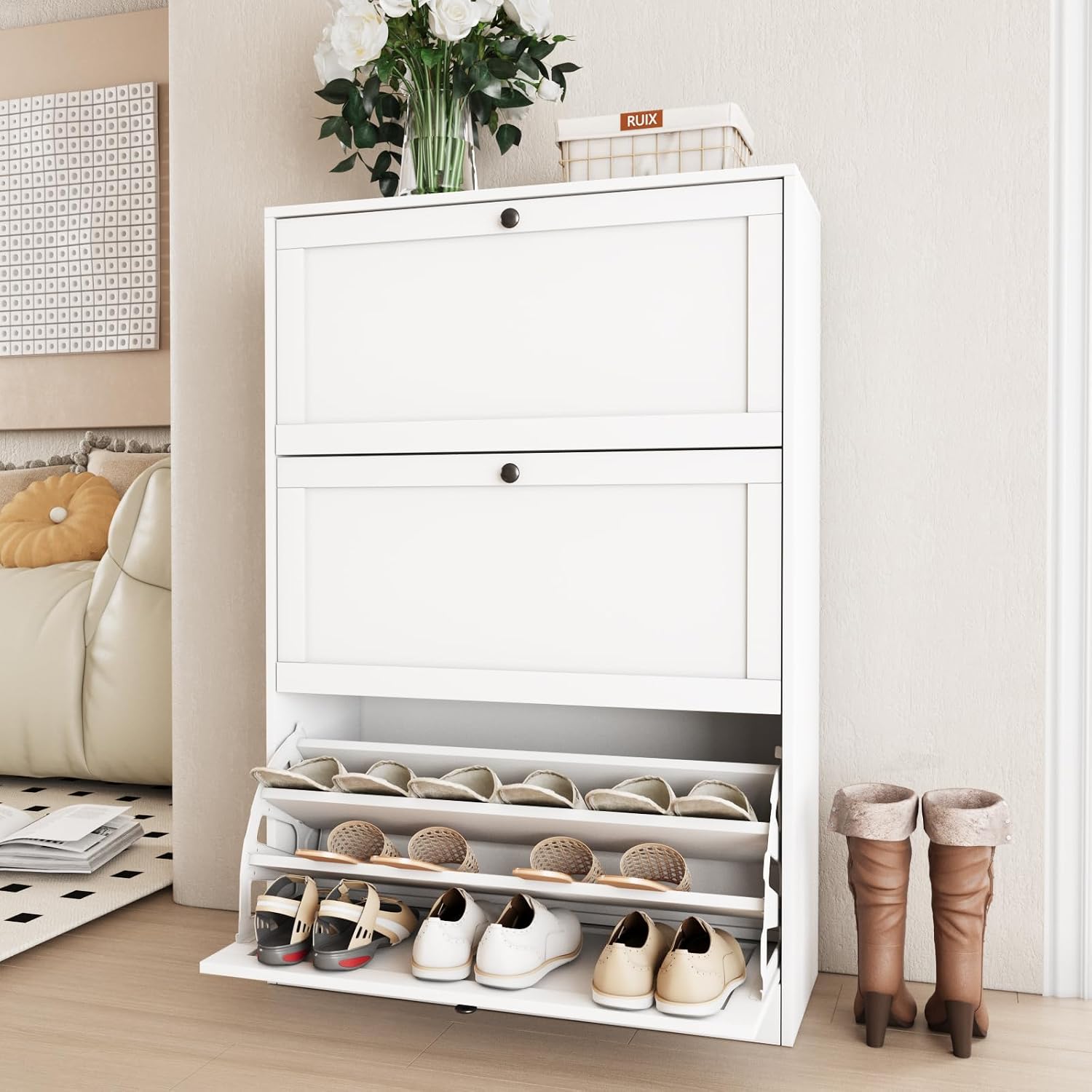 Shoe Rack Cabinet Narrow Entryway - Shoe Storage Cabinet, Three Flip Drawers
