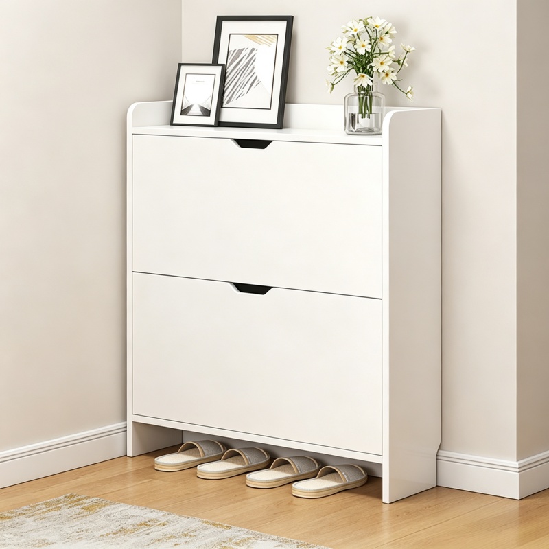 Shoe Rack Cabinet Narrow Entryway - 2-Tier Wooden Shoe Organizer Cabinet with