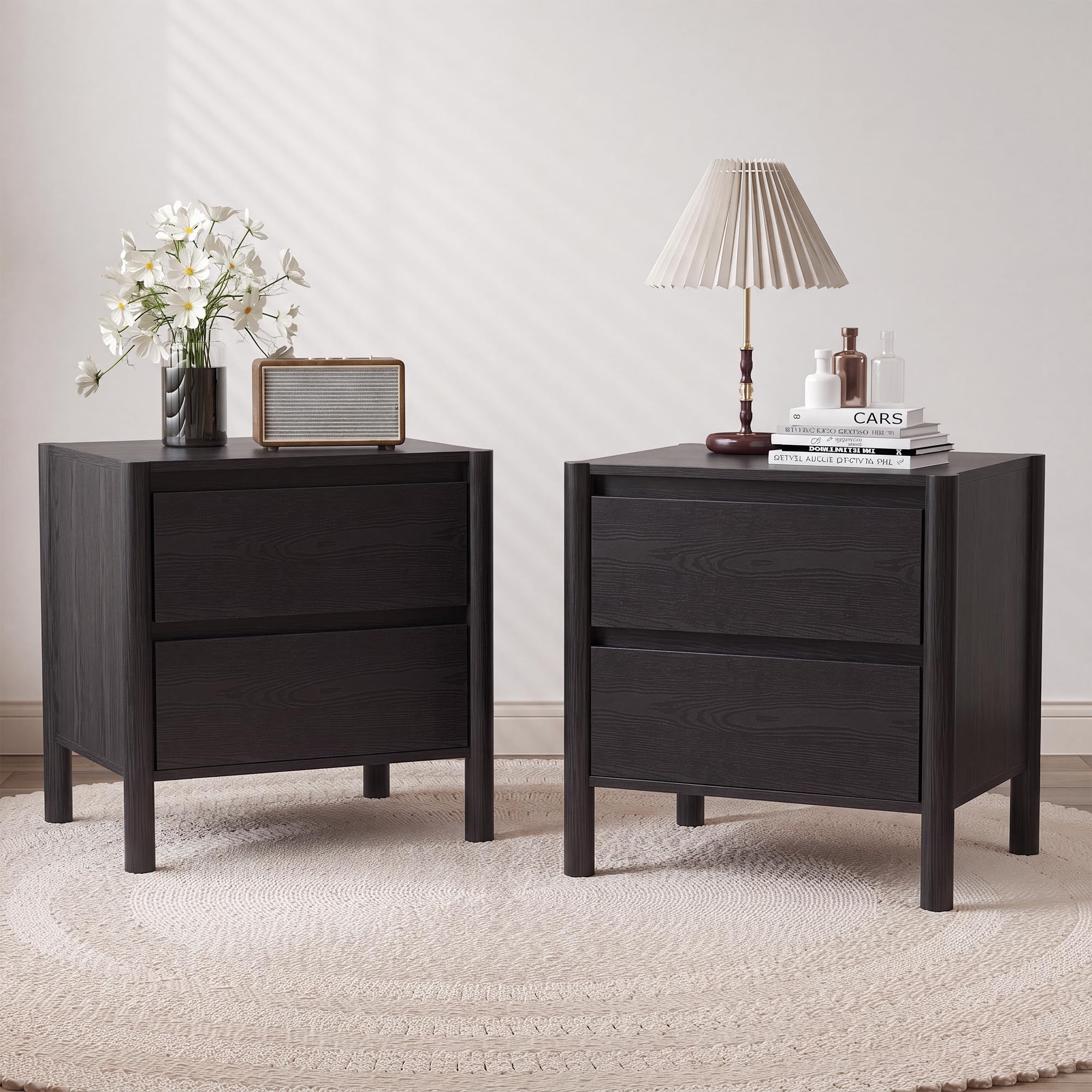 Solid Wood Nightstand 2 Drawers - Mid Century Modern Black Nightstand Set