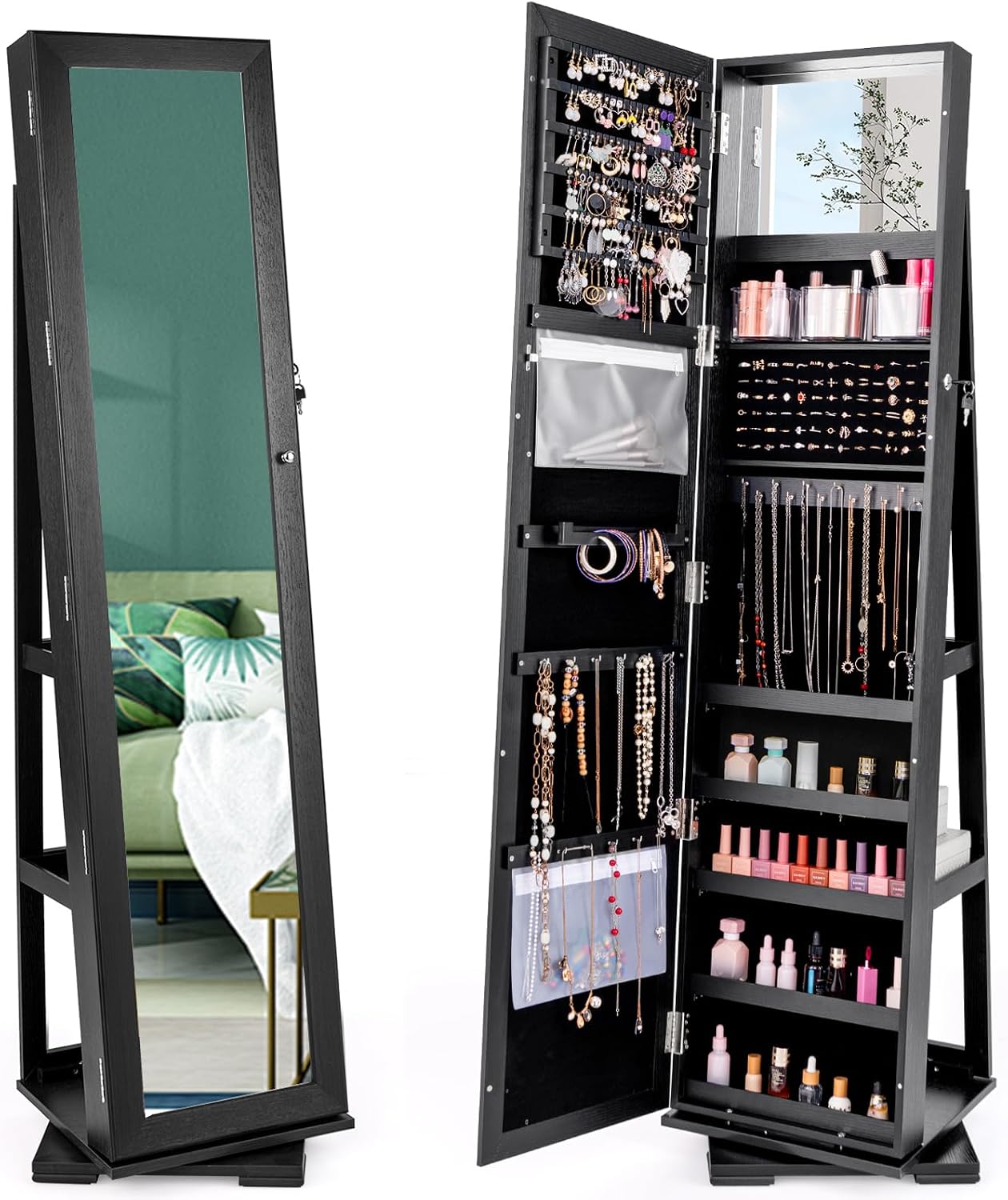 Full Length Mirror Jewelry Armoire - Black Standing Lockable 360 Swivel Jewelry