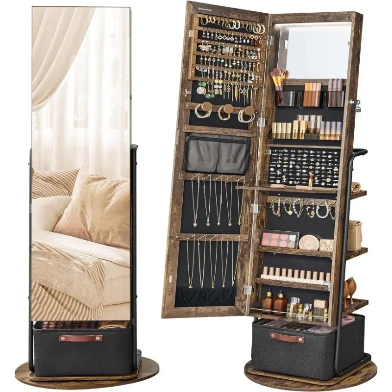 Full Length Mirror Jewelry Armoire - l 360° Swivel Mirrored Jewelry Cabinet