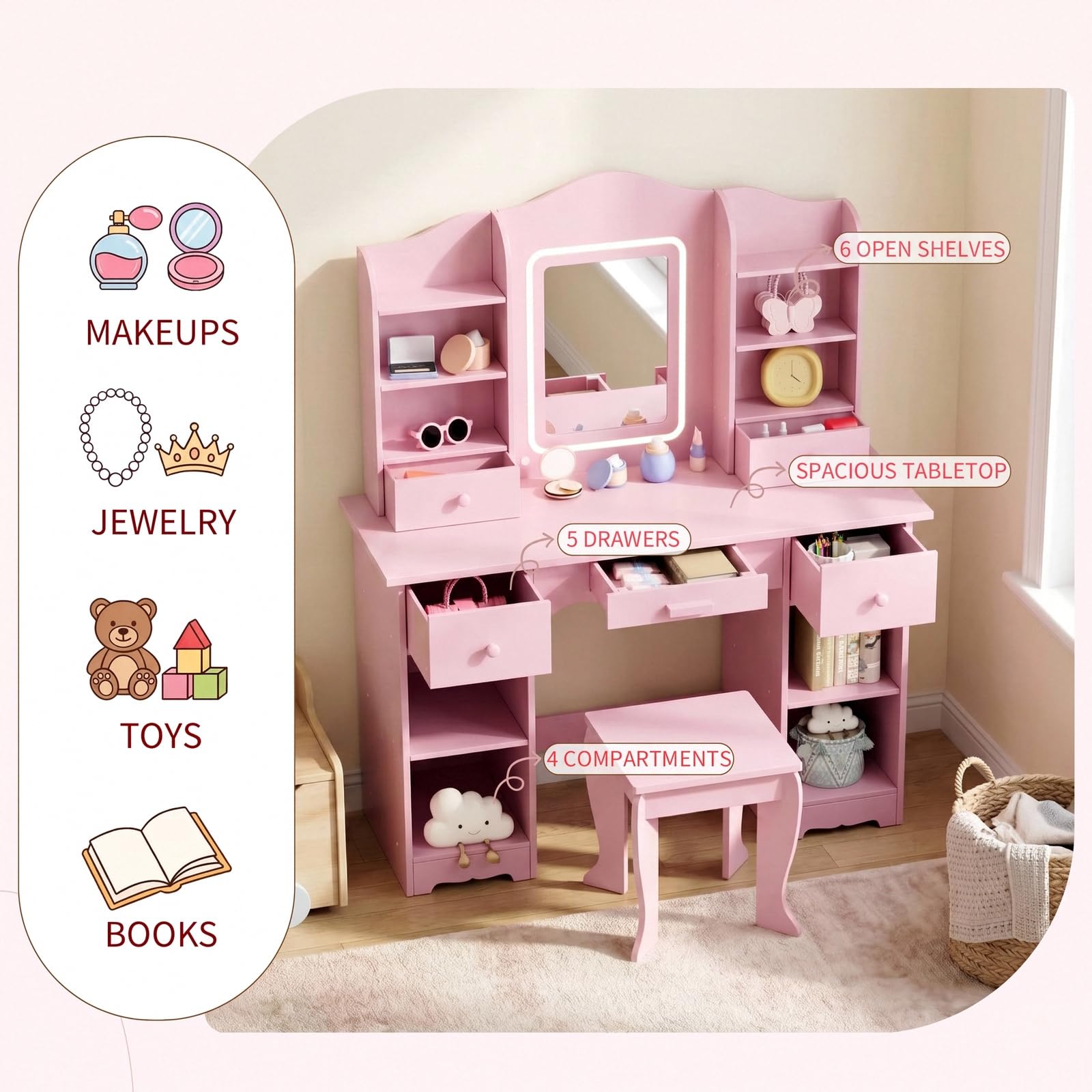 Kids Vanity with 3-Color Light - đánh giá và giá Dressing Table Vanity With Lighted Mirror