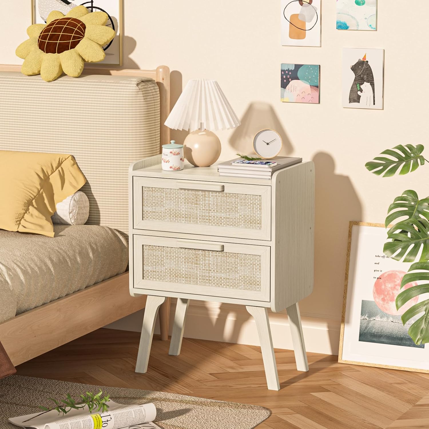 Rattan Nightstand Set of 2, 2  - đánh giá và giá Solid Wood Nightstand 2 Drawers