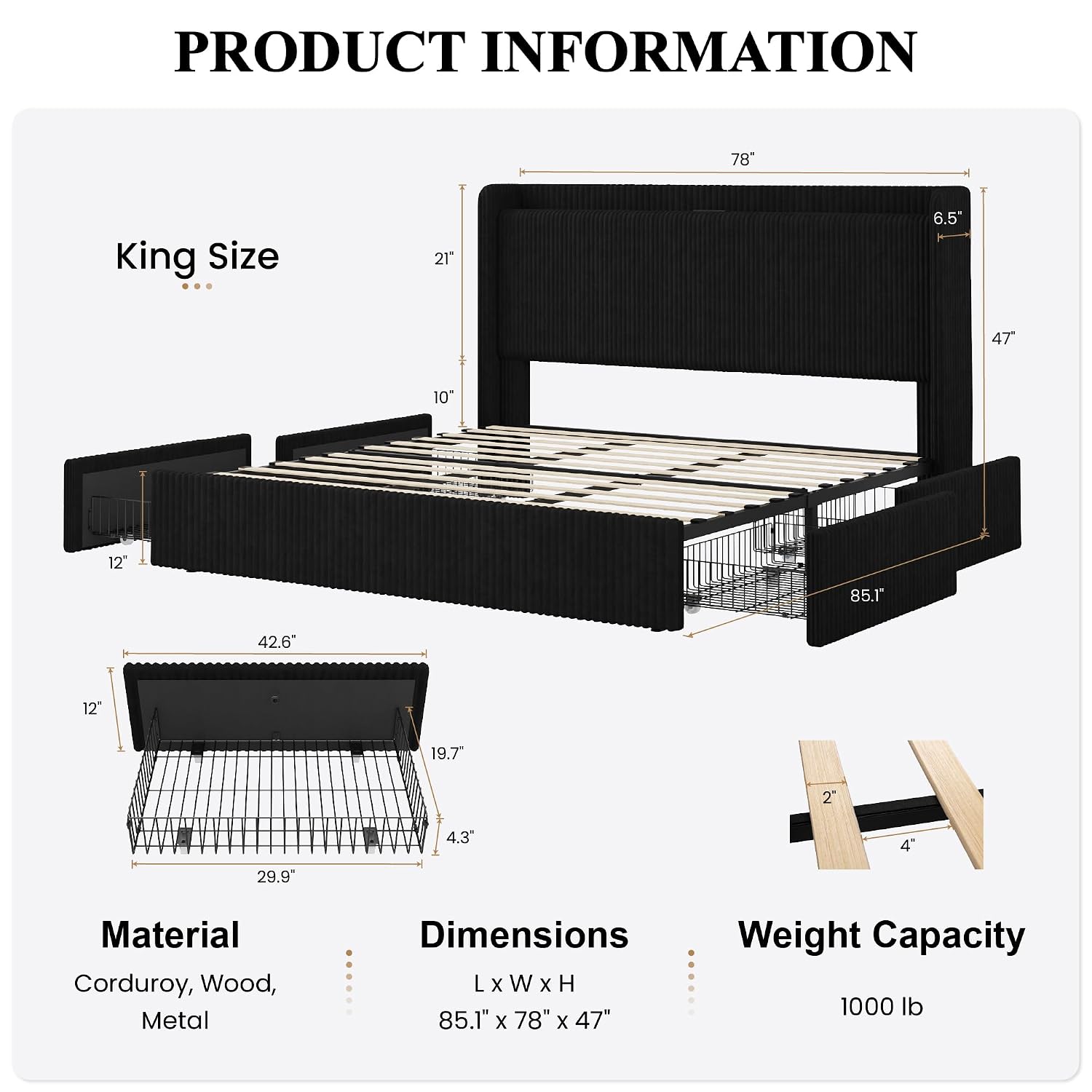 King Size Bed Frame with 4 Ove - đánh giá và giá King Size Bed Frame With Storage Drawers