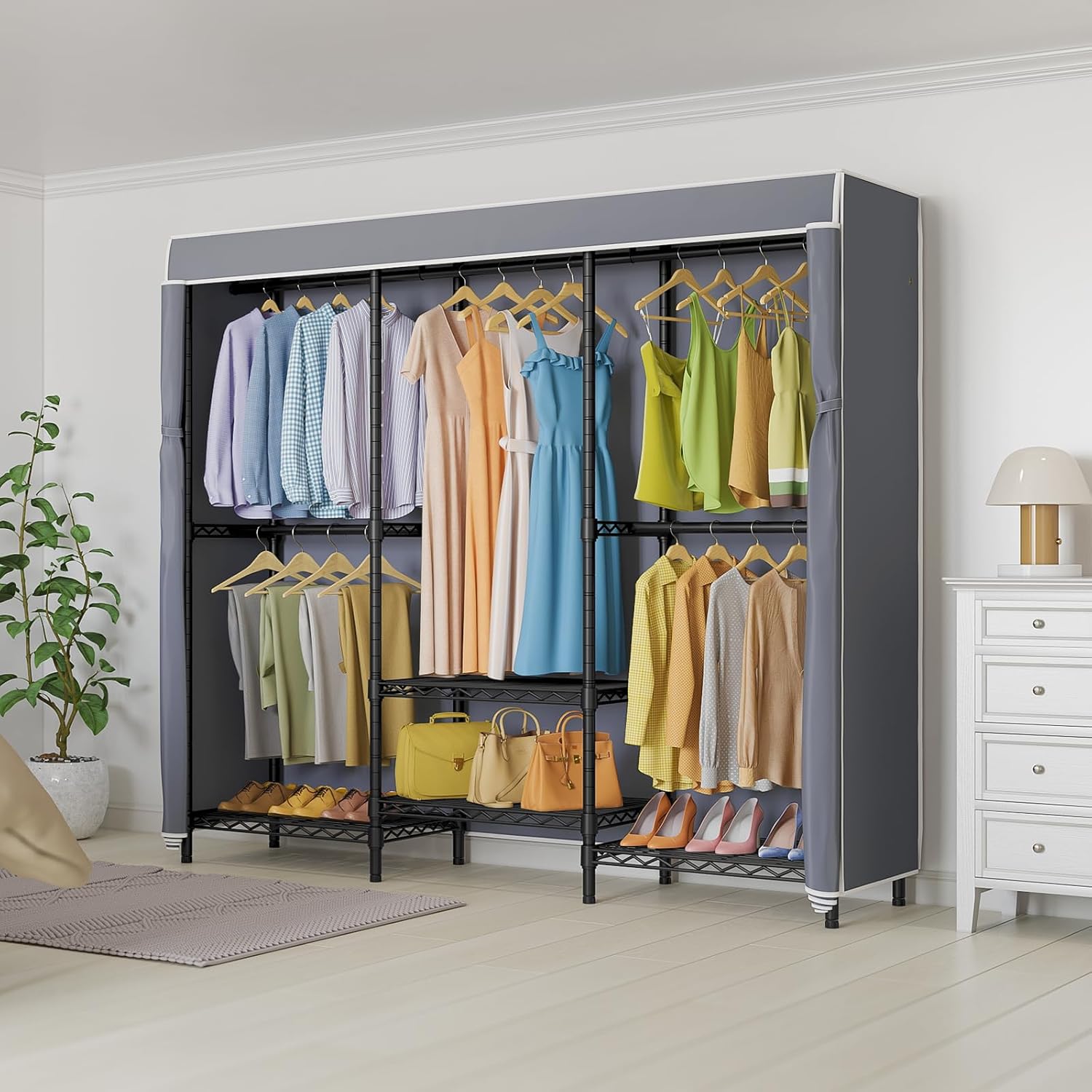 Covered Garment Rack with Adju - đánh giá và giá Wardrobe Closet Portable Fabric Cover