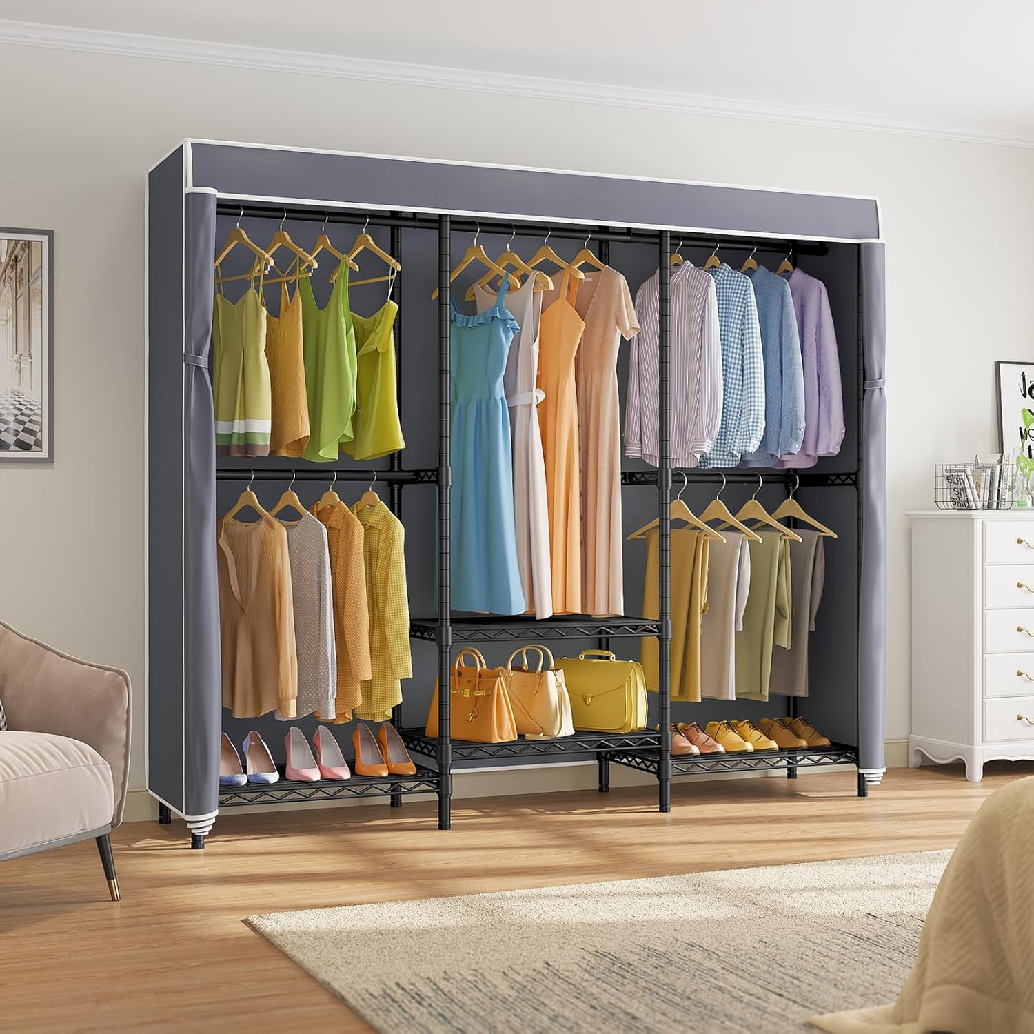 Covered Garment Rack with Adju - đánh giá và giá Wardrobe Closet Portable Fabric Cover